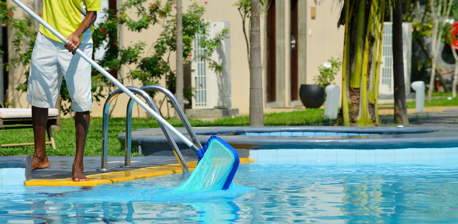 Maintenance man using a pool net leaf skimmer rake in summer to