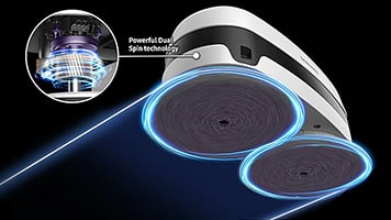 Dual spinning mop brushes, underside view.