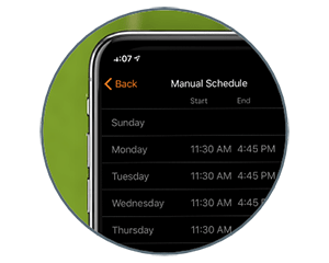 Landroid's smartphone app screen which allows to configure mowing schedule