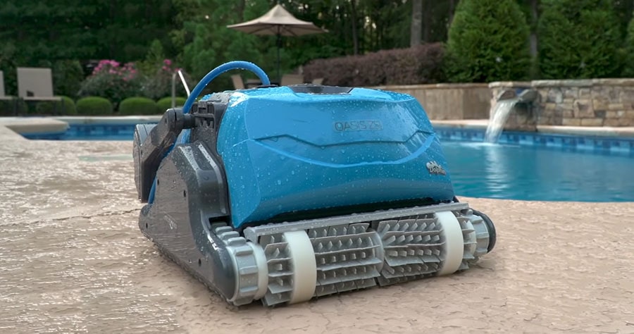 Dolphin Oasis Z5i, pulled up from the water after it finished cleaning the pool.