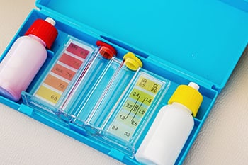 Swimming pool water quality test kit.