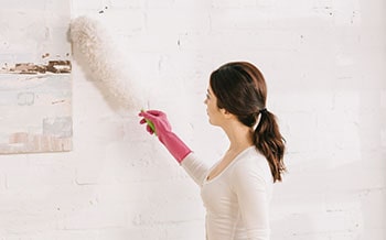 Woman cleans wall with a dusting brush.