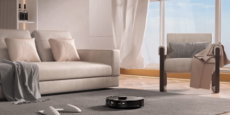 Roborock S7+ cleans in the living room