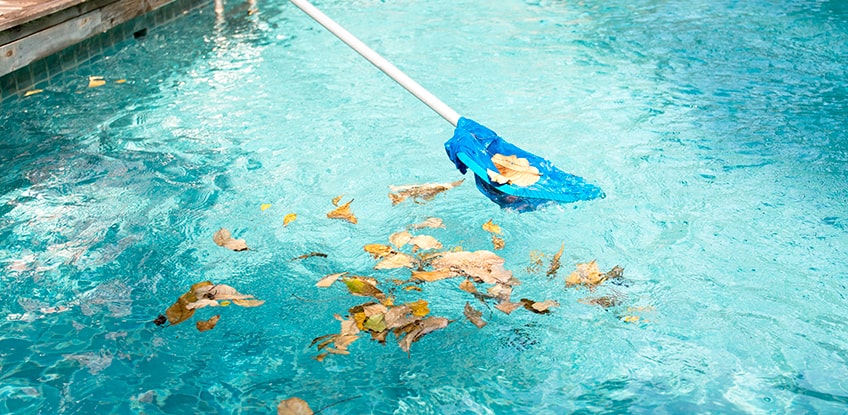 Owner cleans his pool using a manual skimmer.